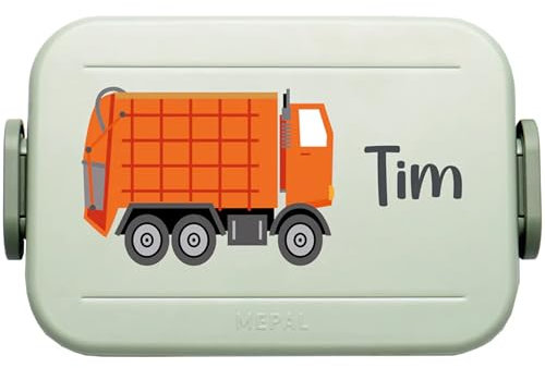 4youDesign | Personalisierte Kinder Brotdose Midi Grün mit Namen - Lunchbox Müllauto Motiv für Kindergarten & Schule - Brotzeitdose Mädchen Junge