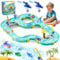 HERMORRYSS Wasserbahn Kinder Draußen, 2 in 1 Wasserspielzeug Kinder Outdoor, Wasserbahnset mit 2 Booten, 6 Tierfiguren, 2 Wasserpistolen und Angelfunktion, Wassertisch Spielzeug für Kind ab 3+