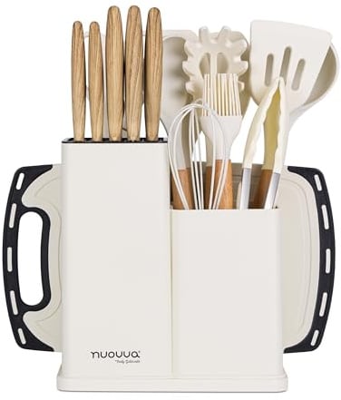 Cooking Utensils Set with Chopping Board – Knife Set with Block – Heat Resistant Silicone Utensils with Wooden Handle, Spoons, Ladles & Spatula – Kitchen Tools & Accessories – 17pcs, Cream – by Nuovva