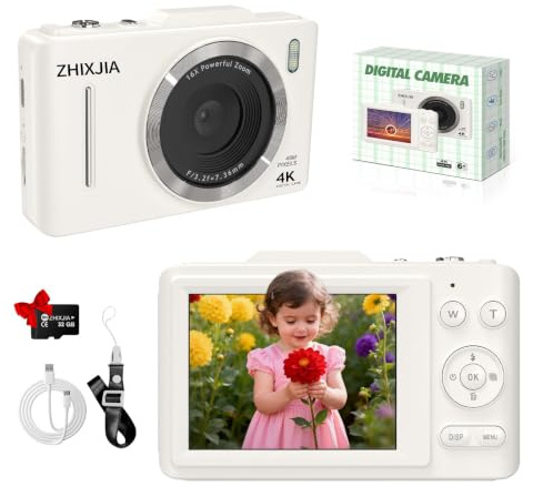 Digital Camera, 1080P FHD 4K 48MP Autofocus Compact Digital Camera with 2.8 LCD Screen, 16X Digital Zoom Digital Cameras with 32GB Card, Vlogging Camera for Kids Beginners Teens Students, White
