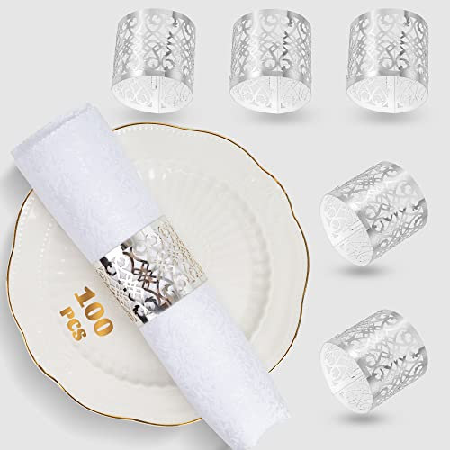 100 Stück Premium Serviettenringe, lasergeschnitten, aus Folie, Papierserviettenhalter für Hochzeit, Party, Abendessen, Tischdekoration, besondere Anlässe und Catering Services (Silber)