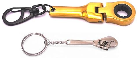 GT//Rotors Gold 10mm Ratchet Wrench Keychain Key Ring (Free Bonus: Mini Monkey Wrench Spanner Keychain)