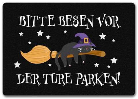 speecheese Hexen-Katze auf Besen Fußmatte in 35x50 cm ohne Rand Bitte Besen vor der Türe parken eine gespentische Fußmatte in 35x50 cm ohne Rand als Dekoration für Frauen zu Halloween lustig