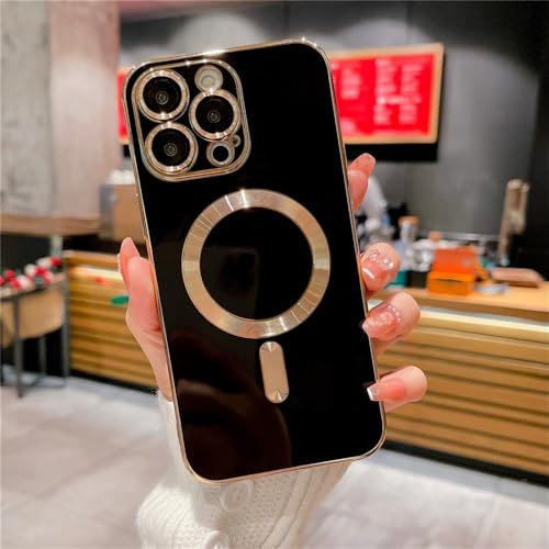 HEARSO Luxury Square Gold Plating Magnetic Wireless Charge Case For iPhone 14 Plus 13 12 11 Pro Max Soft Shockproof Cover,Black,For iPhone 12Pro Max