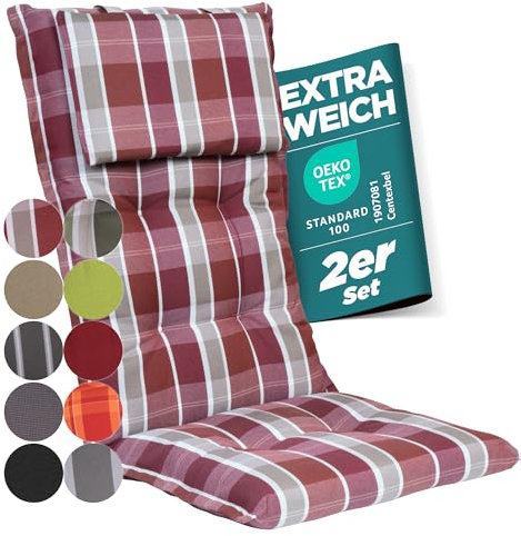 gardisun Gartenstuhlauflagen Hochlehner mit Kopfteil I Extra Dicke Sitzauflagen I Made in EU Polsterauflagen für Hochlehner I Auflagen mit extra hoher Lichtechtheit I 2er Set Rot kariert Pastell