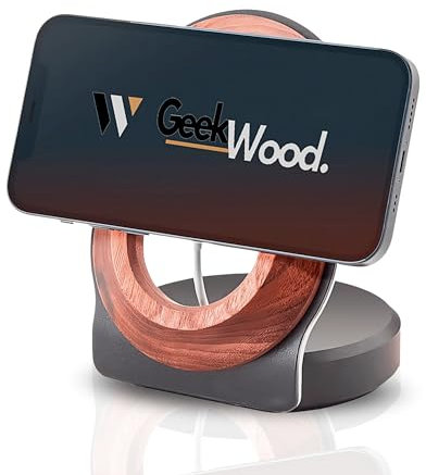 GeekWood Iphone Magsafe Charger Stand Aconcagua - Phone Holder for Desk - Apple Charger Holder - Grovemade Magsafe Stand - Oakywood Wooden iphone stand - Balolo magsafe desk charger wood (Walnut)