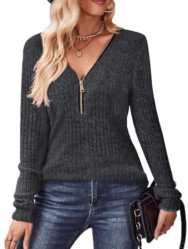 Gemulate Oversized Womens Jumper Lightweight Zipper Jumpers V Neck Sweater Ladies Long Sleeve Tops Casual Striped Sweatshirts Tshirt Dark Grey XL