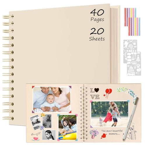 Boic Album Fotografico 21x21cm Spirale Scrapbook, Fai da Te Album Foto 40 Pagine Guestbook, Regali Nozze Natale Valentino Regalo di Anniversario Compleanno (Bianco Latte)