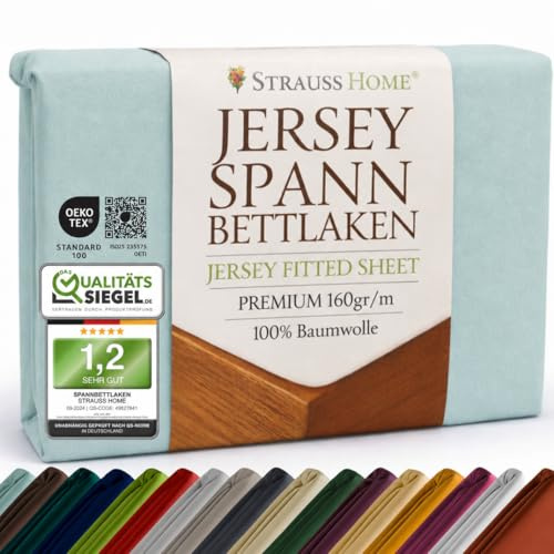 Strauss Home Premium Spannbettlaken Jersey 120x200-120x220 cm - 160 g/m² 100% gekämmte Baumwolle, 30 cm Steg, Oeko-TEX - für Komfort- & Einzelbett bis 25 cm - Minzblau