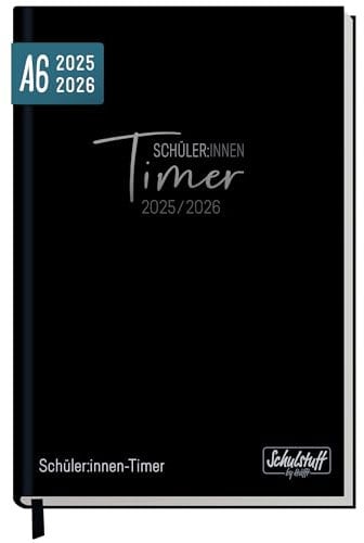 Schulstuff Schüler-Timer A6 2025/2026 Mini Schülerkalender Laufzeit Aug 2025 - Juli 2026, Schülerplaner (11 x 15 cm), Hausaufgabenheft Black Edition - nachhaltig & klimafreundlich