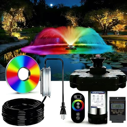 Teichbrunnenbelüfter, Teichbelüfter, mit dynamischer LED-RGB-Beleuchtung, einstellbarer Modi, digitaler Timer, 1 PS 15.000 GPH, 750 W 110 V, 30 m Kabel – für große Teiche, Seen und Wasserspiele im