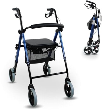 Mobiclinic, Déambulateur 4 roues, Mod. hércules, Marque européenne, Pliable et réglable, Rollator, Avec siège, Panier freins, Léger, Bleu