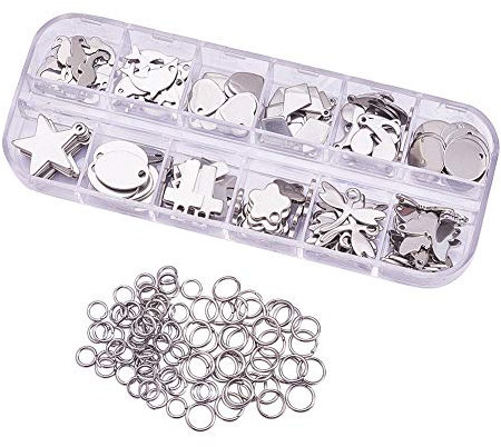 BENECREAT 144 STÜCKE Edelstahl Leere Gemischte Form Stamping Tag Anhänger und 80 STÜCKE Biegeringe für Armband Halskette Ohrring Machen (12 stücke/Form)