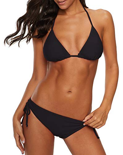 American Trends Women's String Two Piece Halter Top Triangle Bikini Set with Tie Side Bottom Sexy Swimsuit Bathing Suits Black S
