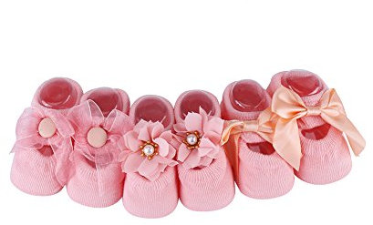 3 paia/set Calzini da pavimento in cotone per neonati con farfallino, simpatici calzini alla caviglia antiscivolo con motivo floreale in pizzo per neonato(S-Rosa)