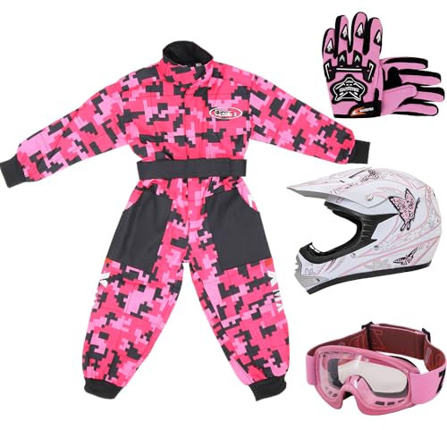 Zorax ZOR-X18 Butterfly M(51-52cm) Kids Motocross Helmet Helmet ECE 2206 & Gloves M(6cm) & Goggles + M(7-8Yrs) Children CUB Motorbike Race CAMO Suit