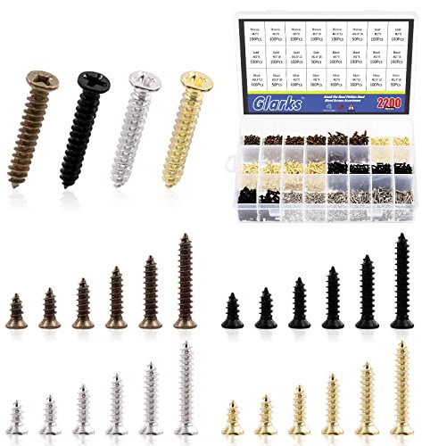 Glarks 2200Pcs Self Tapping Flat Cross Head Screws Assortment Kit 5MM 6MM 8MM 10MM 12MM 16MM Metal Screws Small Wood Screws for Wood/Drywall/Construction(Black, Bronze, Nickle, Gold)