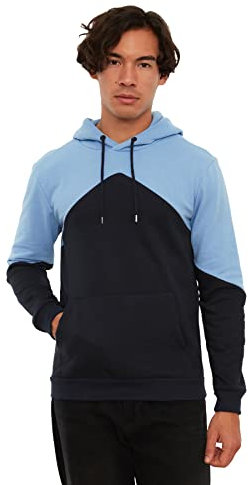 Trendyolblaue männliche Kapuzenkanguroo-Taschen Langarm-Sweatshirt, blau,