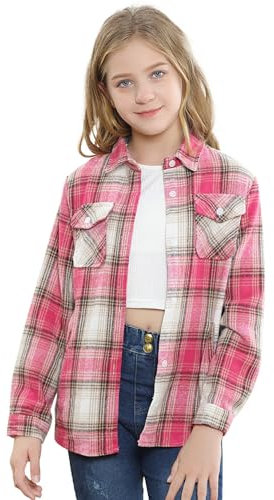 SANGTREE Mädchen Damen Plaid Flanell Shacket Casual Button Down Jacke, Yf1 Karierte Jacke, Hot Pink, Klein