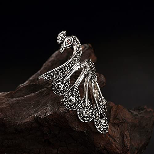 HGJH Ring Silber 925 Damen, Sterling Silber Ringe Frauen 925 Pfau Verstellbare Ringe Retro Ethnische Verstellbare Sterling Kleid Ringe Verlobungsring Geschenke Für Männer Mädchen Frau Ewigkeitsringe