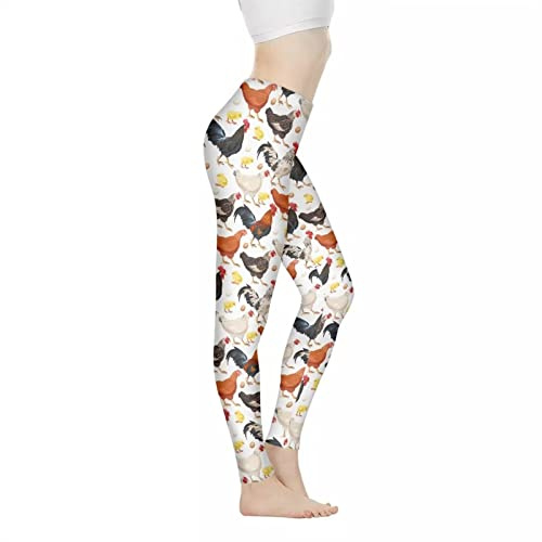 Biyejit Cute Chicken Rooster Print Womens Leggings High Waisted Tummy Control Yoga Pants Workout Running Legging