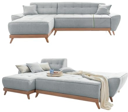 MIUFORM Dazzling Daisy S mit Bettkasten | Ecksofa mit umstellbarem Chaiselongue | 4 Sitzer Ecksofa | L-Form | 260 x 166 x 77cm Couch | Klappsofa mit Schlaffunktion | Schlafsofa klappbar (Hellgrau)