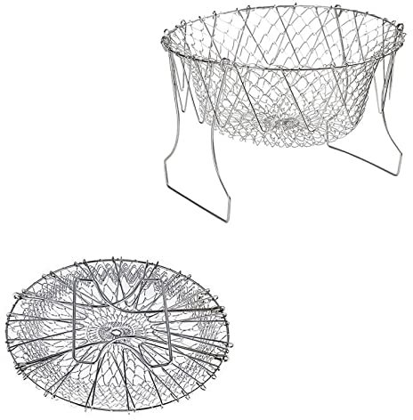 CHAMEEN Papas fritas cesta 2 piezas de cesta de freír pequeña de acero inoxidable para freír cazo plegable pasta hacer ensaladas lavado