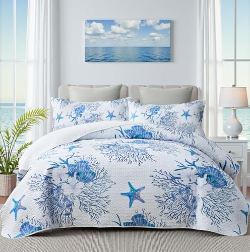 Set di biancheria da letto stile costiero, per letto king size, trapunta con 2 federe, motivo nautico, oceano, fantasia con stelle marine blu (Starfish), copriletto estivo, 244 x 269 cm