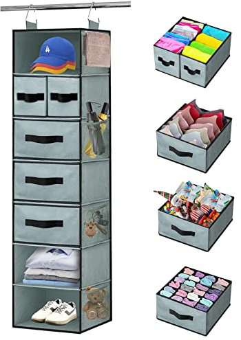 Hängeregal Kleiderschrank Schrank Organizer mit 7 Fächern, Stabiler Hängeorganizer Hängeaufbewahrung mit 5 Schubladen und 8 Netztaschen, Schrank Organizer für Schlafzimme Wohnwagen Camping (Grau)