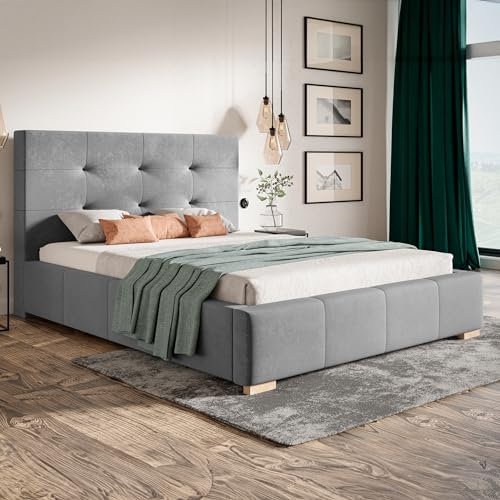 MOTIVENA Paul Polsterbett 180x200 mit Bettkasten, Bett 180x200 mit Lattenrost, Bett 180x200 mit Stauraum, Stauraumbett 180x200, mit Kopfteil, ohne Matratze, Samt, Grau (Hellgrau)