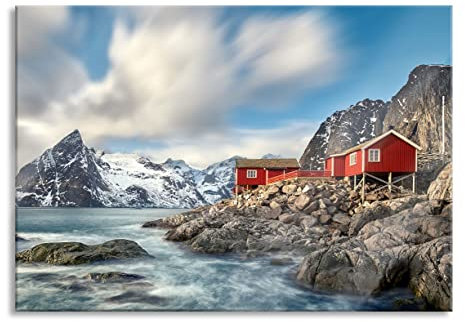Pixxprint Glasbild, Wandbild aus Echtglas, Einsames rotes Haus am Meer in Norwegen, 100x70 cm, inkl. Aufhängung und Abstandshalter
