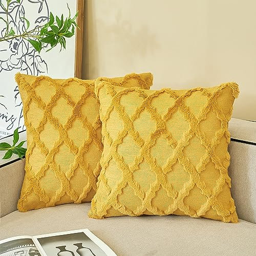 Ci & Ci 2er Set Boho Deko Kissenbezug 50x50 cm, Senfgelb Kissen Sofakissen Dekokissen Zierkissen, Flauschig Kissenbezüge Kissenhülle für Sofa Couch