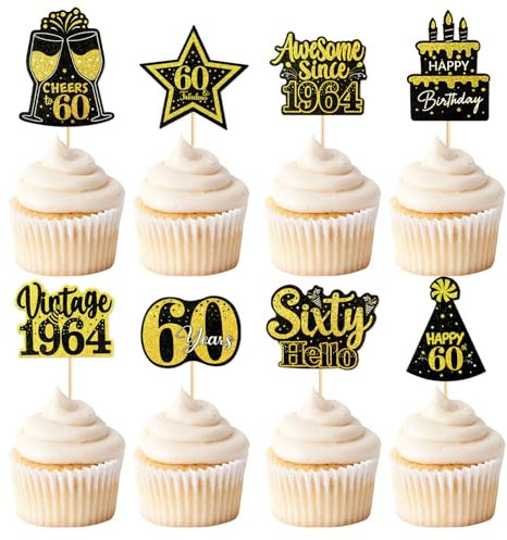 Blumomon 24 Pcs Gold 60th Happy Birthday Cake Topper Glitter Happy 60th Cupcake Topper Cheers to 1964 Cake Decoration for 60th Birthday Party Decoration Supplies 60th Anniversary Cake Topper