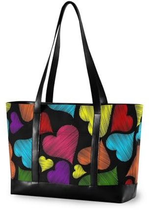 ISAOA Bunte Herzen auf schwarzer Handtasche, Laptop-Tragetasche, Segeltuch, Leder, Reißverschluss, Reise-Einkaufstasche, 39,6 cm (15,6 Zoll), Computertasche, Geldbörse, Schultasche, Arbeitstasche,