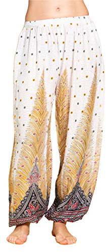PANASIAM Haremshose Peacock Damen & Herren - leichte Sommerhose - Boho Stil | Loungehose mit elastischem Bund und Beinabschluss, Peacock Design, Unisex Chillhose für Festival, Urlaub & Alltag, Goa Hose