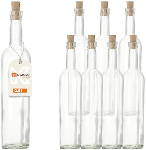 KADAX Joonis Lot de 8 bouteilles en verre avec bouchon en liège - Bouteilles à liqueur transparentes à remplir - Bouteilles à liqueur réutilisables - 0,5 l