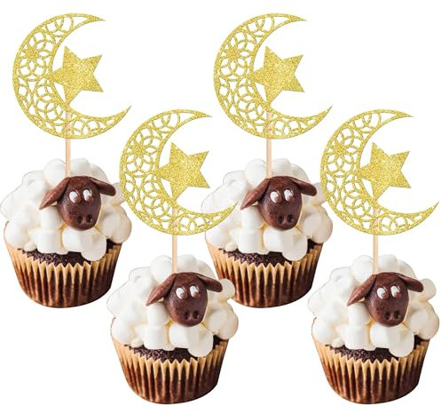 Xsstarmi 24 Pack Gold Moon Star Eid Mubarak Cupcake Toppers for Islamic Eid Mubarak Festival Cake Decorations