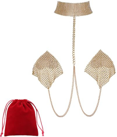 TJCGCKK Crystal Nipple Pads mit Halskette Non Piercing Brust Nippel Schmuck Bling Strass Körper Kette BH Harness Sexy Bikini-Schmuck (Gold)