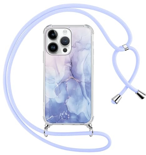 ZhuoFan Handyband für iPhone 15 Plus Hülle mit Band, Transparent Aesthetic Marmor Muster Handyhülle mit Kordel zum umhängen Necklace Case Silikon TPU + PC Stoßfest Schutzhülle, Blau