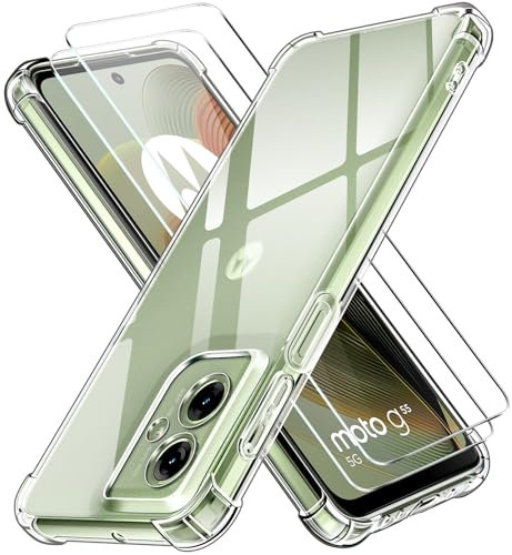 ivoler 3 in 1 Funda para Motorola Moto G55 5G con 2 Piezas Cristal Templado, Transparente Carcasa Protectora Antigolpes Case, Suave TPU Silicona Anti-Choques Caso