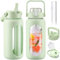 BLUEGO 2000ml Bouteilles d'eau en verre avec 2 couvercles Gourd avec paille 2L Grande bouteille d'eau avec marqueurs de temps et de capacité pour salle de sport Maison Étanche, Vert