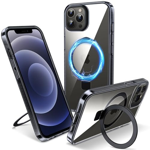 Flyzoo Magnetic Kickstand Case for iPhone 12 Pro Max, [Compatible with MagSafe & Invisible Ring Stand Holder] [Non-Yellowing & Shockproof] Transparent Hard Silicone Edge Cover, 6.7'', Clear Black
