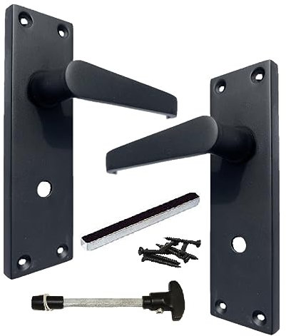 Victorian Straight Bathroom Handles and 3 Lever Mortise Sash Lock, Matt Black Door Handles, Back Plate, 150 x 42mm (1 Pair of Bathroom Handles)