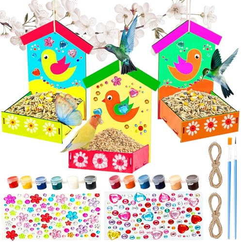 Vogelhaus Bausatz für Kinder - 3D Set Holz Basteln und Malen - DIY Vogelfutter Bastelset - Geschenke für Mädchen Jungen Kleinkinder (3pcs)