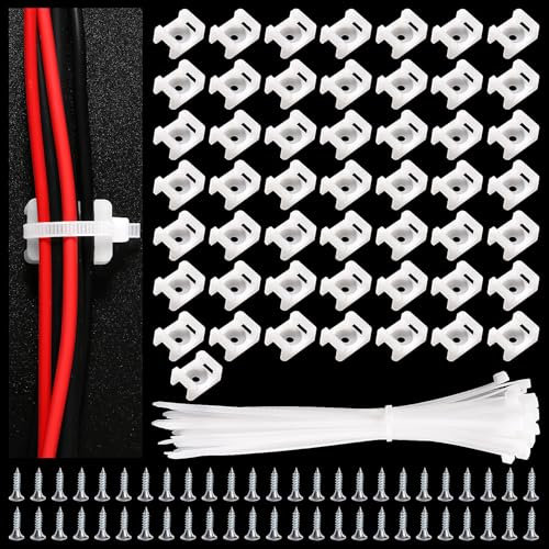 VooGenzek 50 Sets 22.3 * 15.9 mm Saddle Type Cable Tie Mount Bases, Saddle Type Mount Wire Holder, with M3.5 Screws and Cable Ties, for Wire and Cable Tidy, White