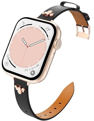 Astorgos Cinturino Sottile in Pelle Compatibile con Apple Watch Series 9 8 7 6 5 4 3 2 1 SE SE2 38/40/41mm, Cinturino di Ricambio in Vera Pelle per Donne, Nero/Oro Rosa