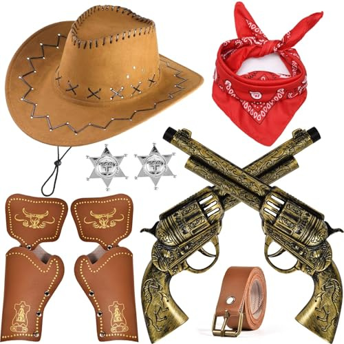 G.C 9 Stk Cowboy Kostüm Zubehör Kinder Jungen Mädchen Cowboyhut Bandanna Metallabzeichen Gürtel Holster Western Cowboy Kostüm Set für Karneval Cosplay Halloween Party Dress Up