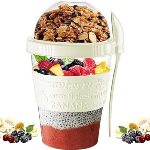 Pro Home Yogurt Pot With Spoon & Lid 20oz/600ml BPA Free Reusable Airtight Dishwasher Safe On The Go Yoghurt Pots Muesli Cereal Cup Containers Overnight Oats Jar Storage (Cream)