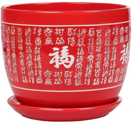 Plant Pot,Ceramic Pots For Plants, Ceramic Planter with Drainage Hole and Saucer, Home/Garden Outdoor Decorative, Tray for Wedding,Outside Chinese Characters Meaning Fortune Plant Pots Indoor with
