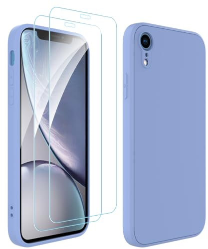 Ruayia Coque pour iPhone XR avec 2 Pièces Protection Écran en Verre Trempé, Housse en Silicone Liquide, Étui Fine Mince Slim, Case Antichoc Souple pour iPhone XR- 6,1 Pouces-Bleu Clair